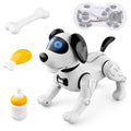 Programmable remote robot dog toy (white) with handheld controller and accessories bone, bottle