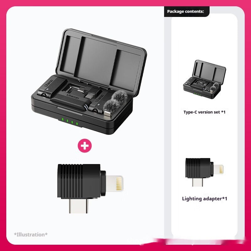 Black A100 wireless lavalier microphone package contents: charging case, two adapters, and cables