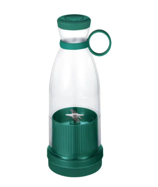 PureBlend USB-Mixer mit grüner Kappe, transparentem Glas und Ringgriff