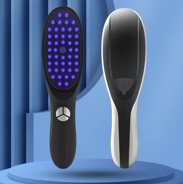 Therapeutic hair regrowth comb, black handle, purple LED dot pattern head