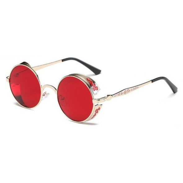 Women’s round sunglasses with red mirrored lenses, gold frames and black temples