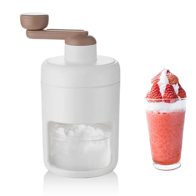 Portable shaved ice machine, side view, with small shaved-ice cup on the right.