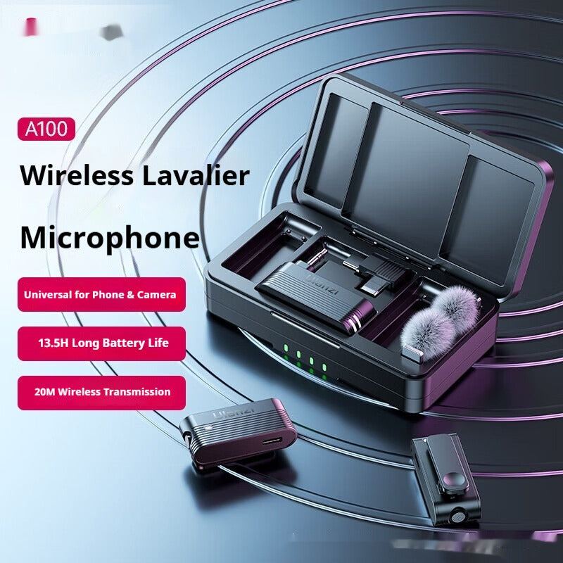 Black wireless dual-channel lavalier microphone with open charging case and receiver screen