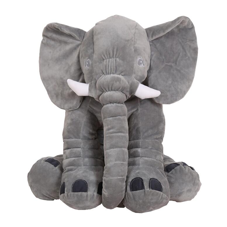 Gray plush elephant toy and pillow companion, full body view with padded trunk and legs