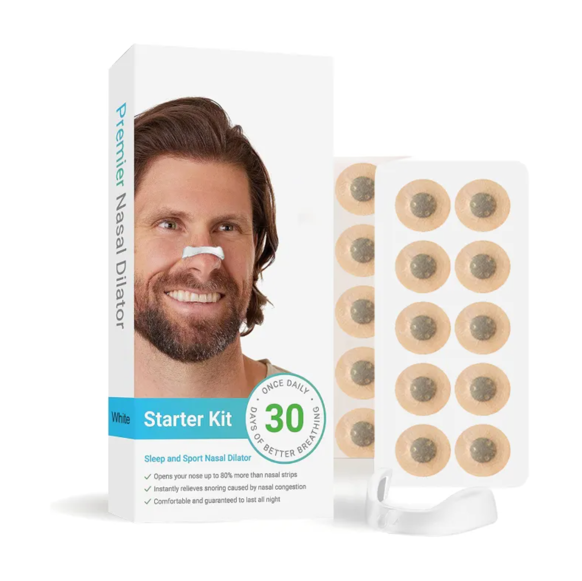 Breathe Easy starter kit with white nasal dilator and 30-day circular patch sheet