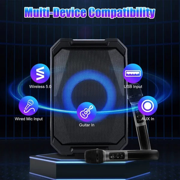 Black portable wireless party speaker with blue LED ring, built-in controls, and mic