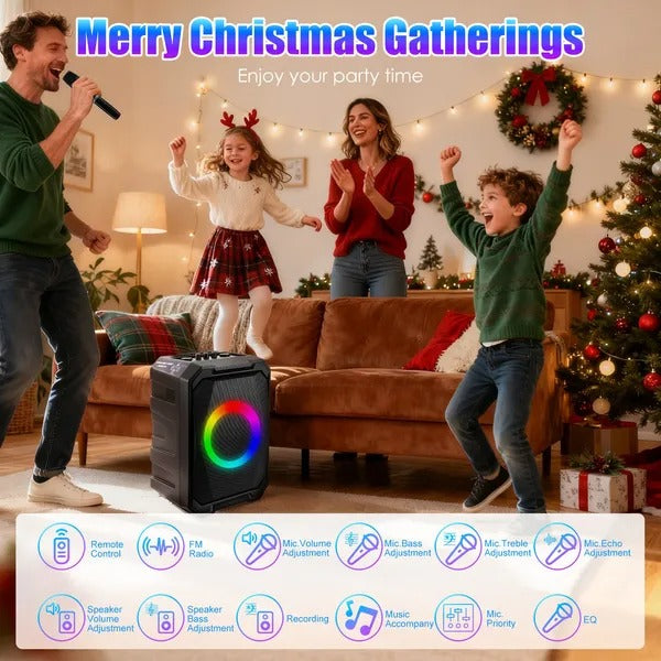 Compact black party speaker with microphone, RGB LED ring light for music sing-along