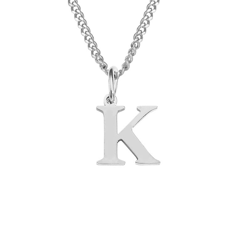 Letter K pendant necklace, stainless steel finish, with curb chain and loop clasp