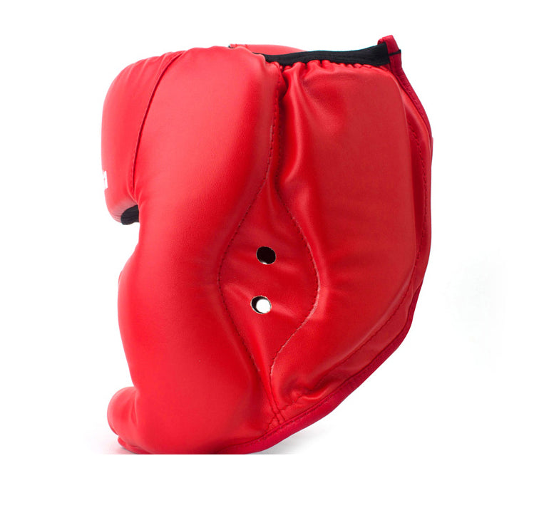 Red headgear side profile with ear guard and chin padding fastener holes