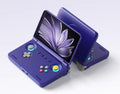 Retroid Pocket Flip2 handheld game console in purple, open with OLED screen and controls
