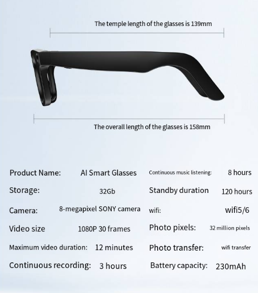 Black smart glasses measurements with overall length and tech specs listed.