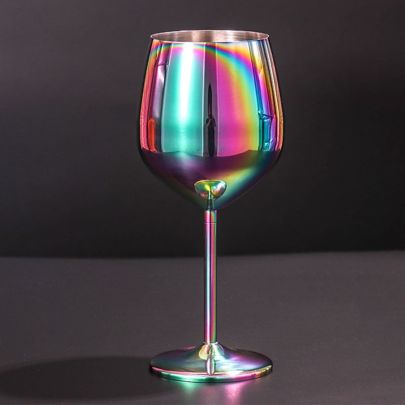 Seven-color iridescent stainless wine goblet with tall stem and round base
