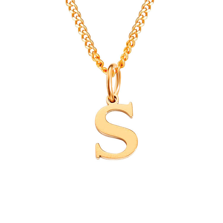 Gold-tone letter S necklace with curb chain and pendant on clasp