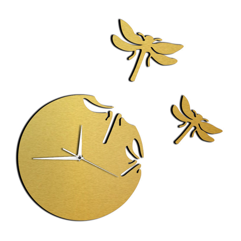 DIY acrylic dragonfly wall clock in gold with a round face, dragonfly accents, and hands
