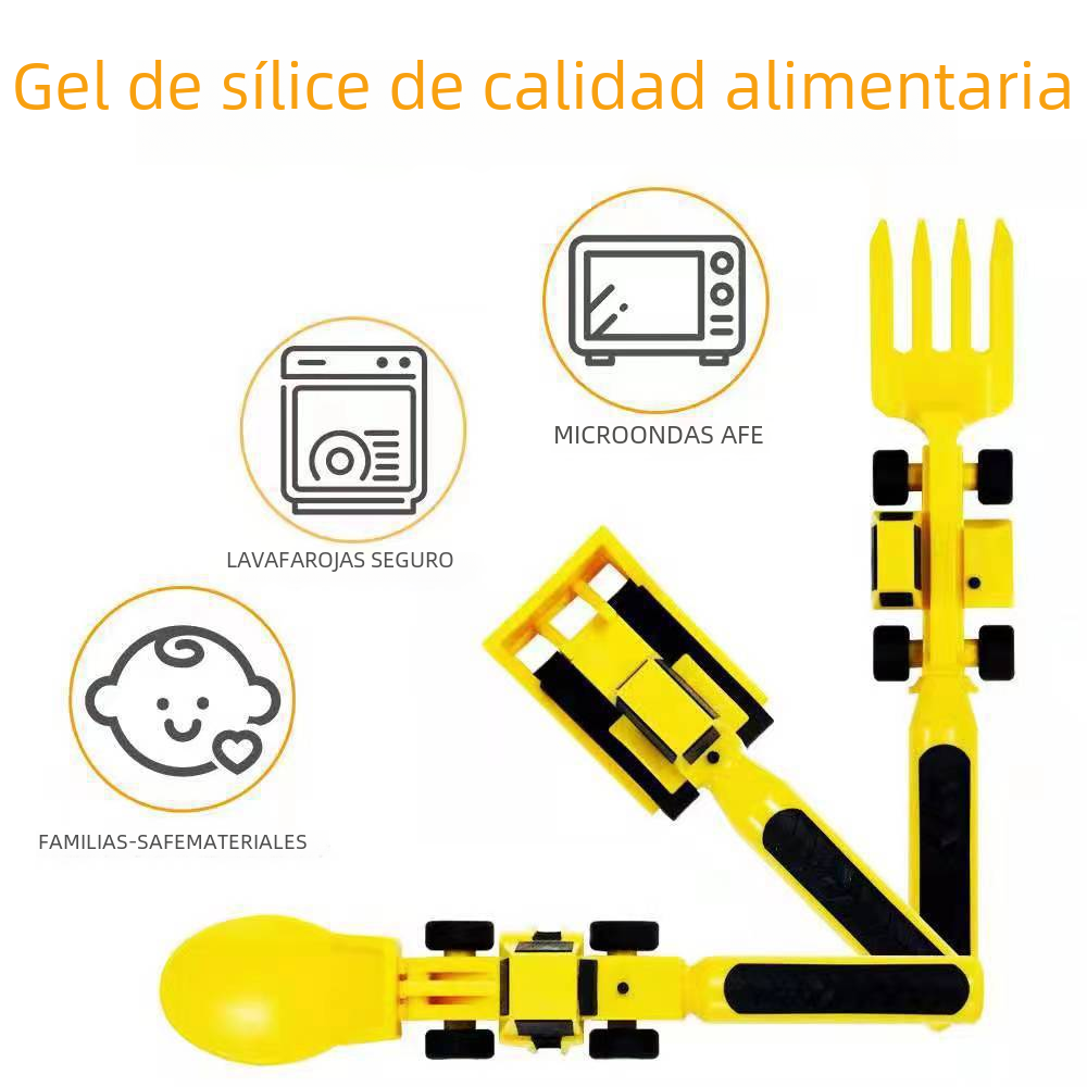 Cubiertos infantiles amarillos con cuchara y tenedor; texto en español sobre uso seguro.