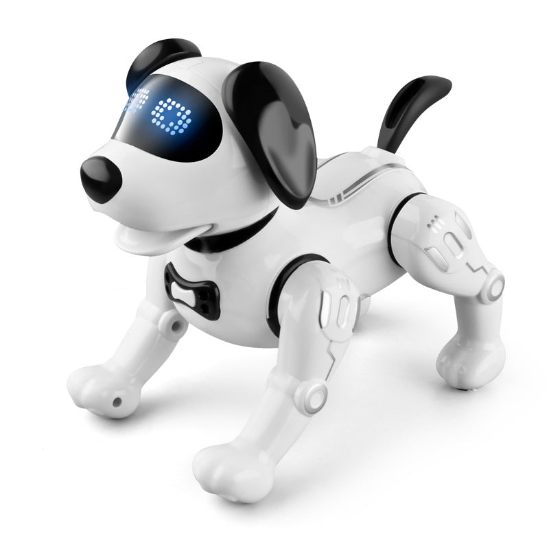 White programmable robot dog toy with glowing dot light on forehead and open front legs