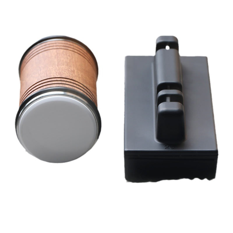 Knife sharpener set: brown wooden cup and black adjustable sharpening angle holder