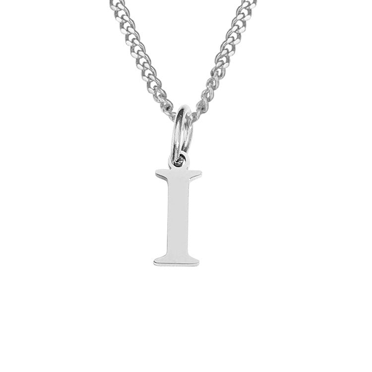 Stainless steel necklace letter I pendant on chain, silver-tone