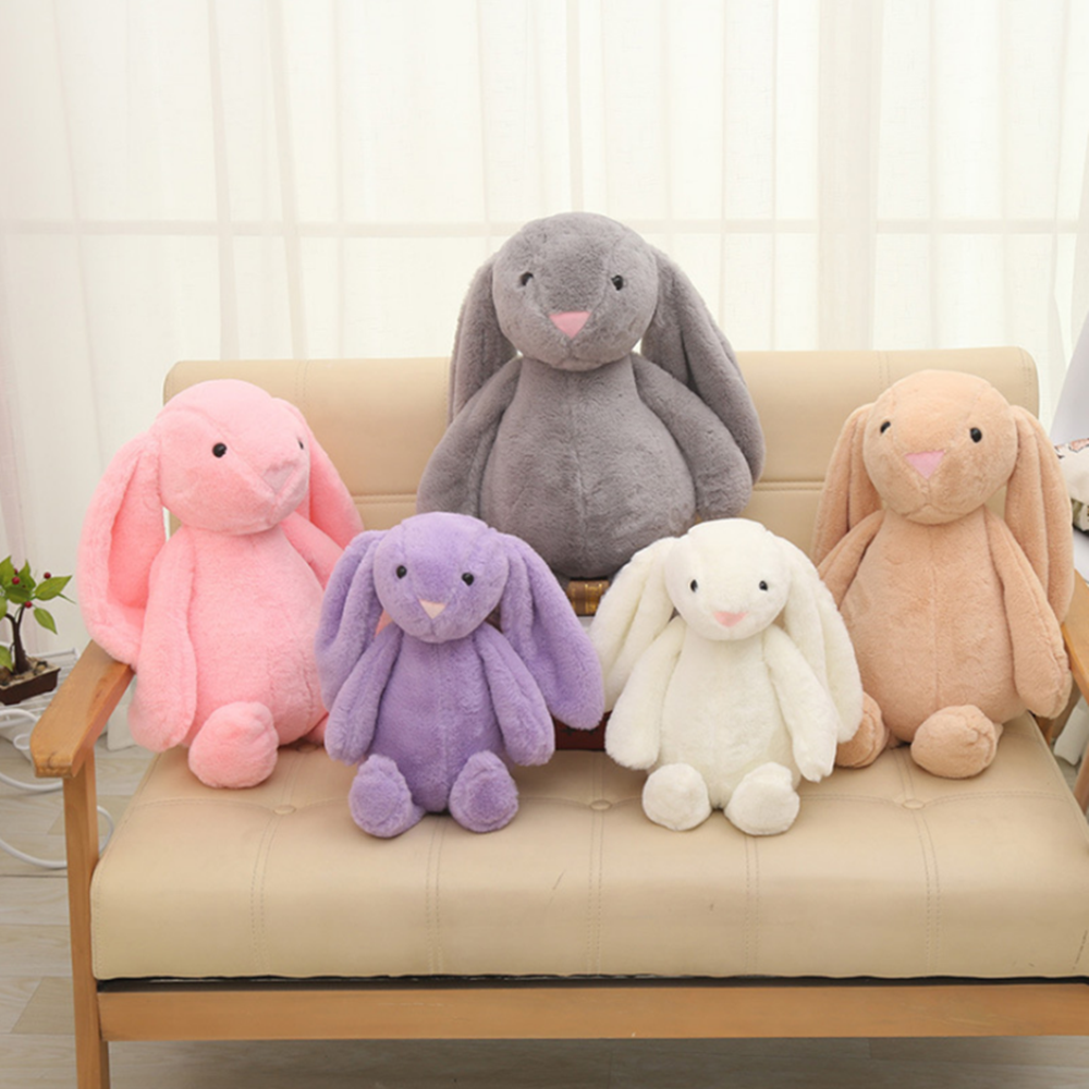 Gray long-eared bunny plush toy with soft fur and stitched face, kids 30cm