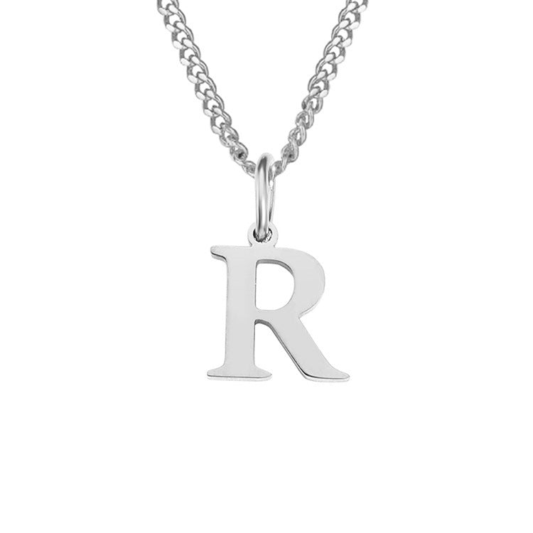 Letter R pendant necklace, stainless steel finish, with curb chain and loop clasp