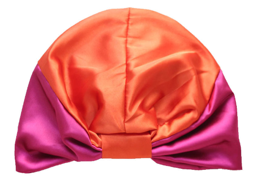 Doppellagige Satin-Schlafhaube mit pinkvioletter Basis und orangefarbener Kappe