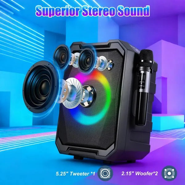 Black party speaker showing multicolor LED ring light and attached microphone