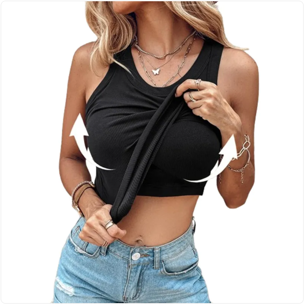 Schwarze gerippte ärmellose Tanktop-Weste mit Rundhalsausschnitt und integriertem BH