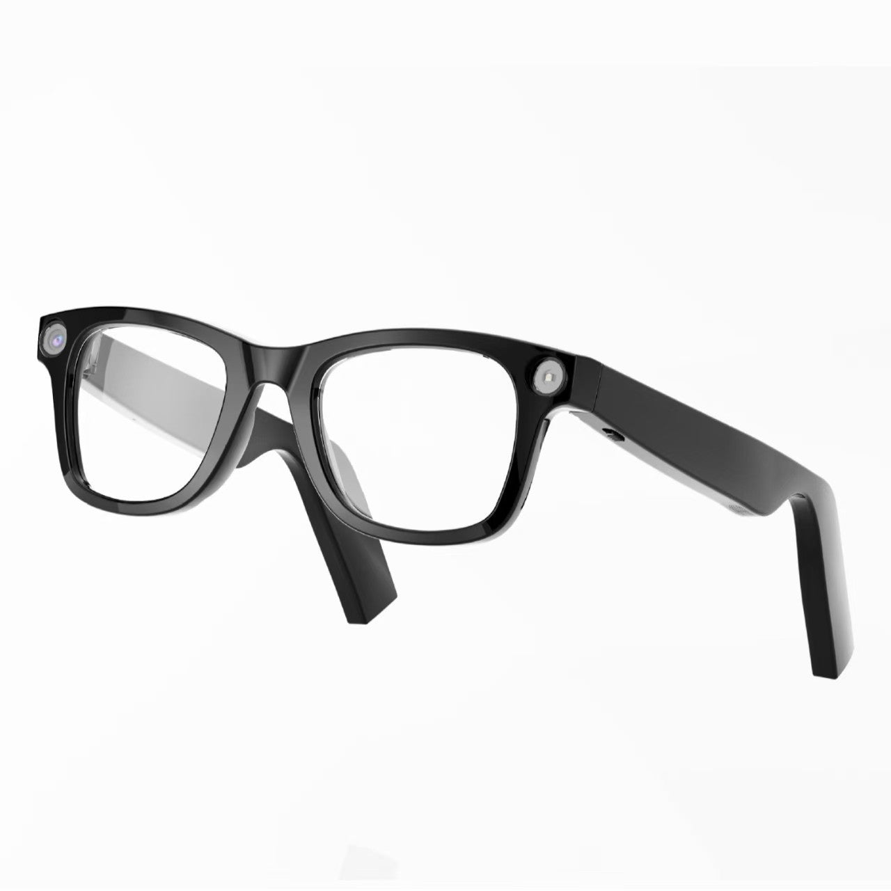 Black AI camera smart glasses with clear/transparent lenses and wide rectangular frame