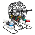 Black bingo lottery game machine with rotating drum and colored balls over shot glasses