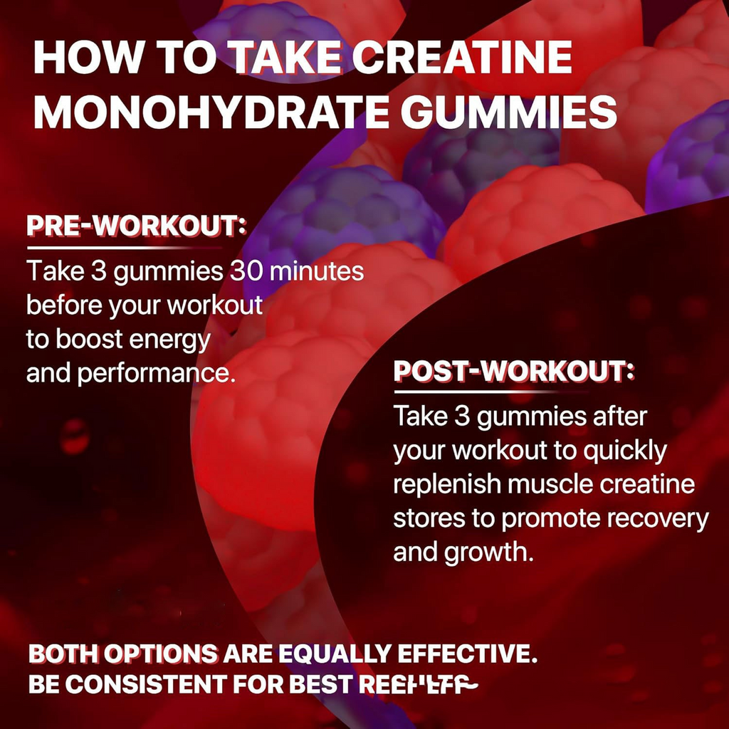 Creatine monohydrate gummies in red and purple gummy pieces