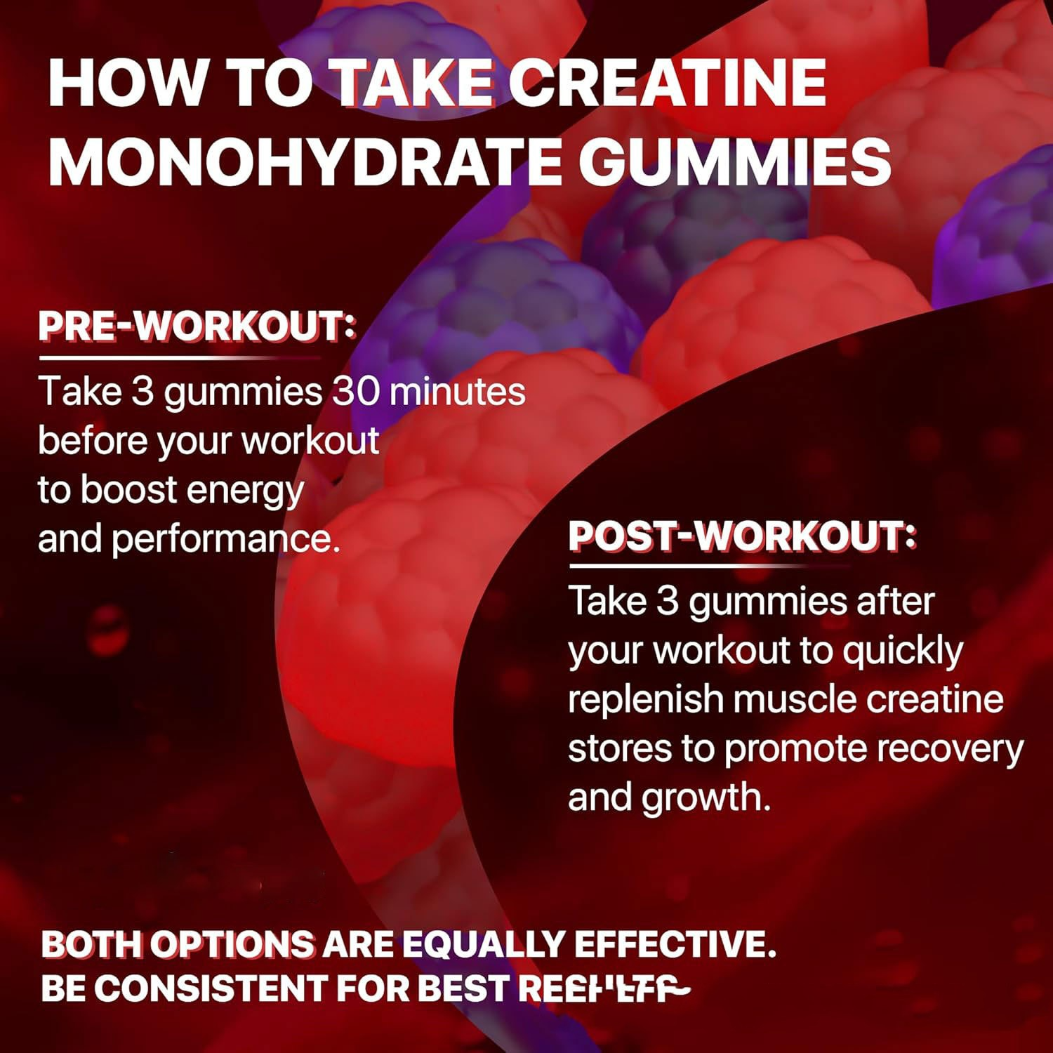 Creatine monohydrate gummies usage guide showing pre-workout and post-workout dosing