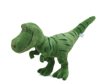 Green plush T-Rex dinosaur toy with long tail, stitched back stripes and red-eyed details