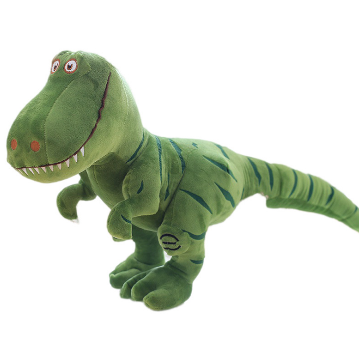 Green plush T-Rex close-up with embroidered eyes, open mouth, and striped back