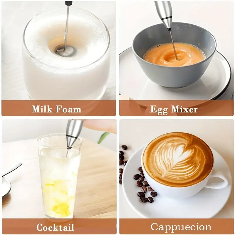 Milk frother creating milk foam, egg mixture, cocktails, and cappuccino latte art