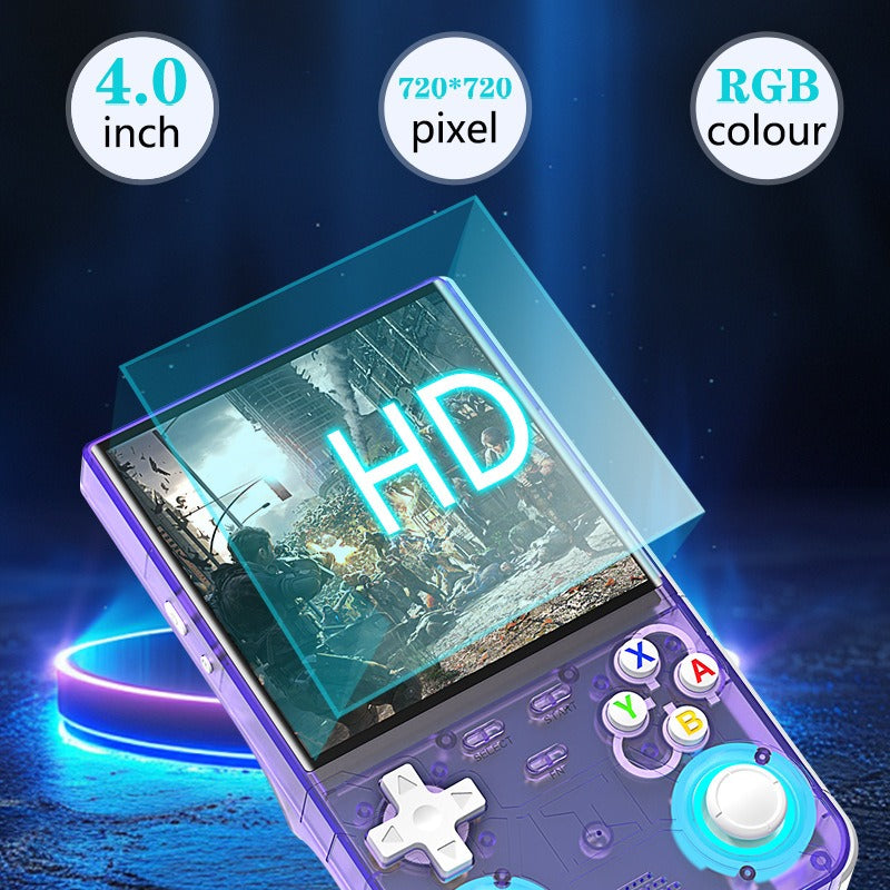 Purple handheld game console with 4.0-inch HD display, glowing thumbstick accents