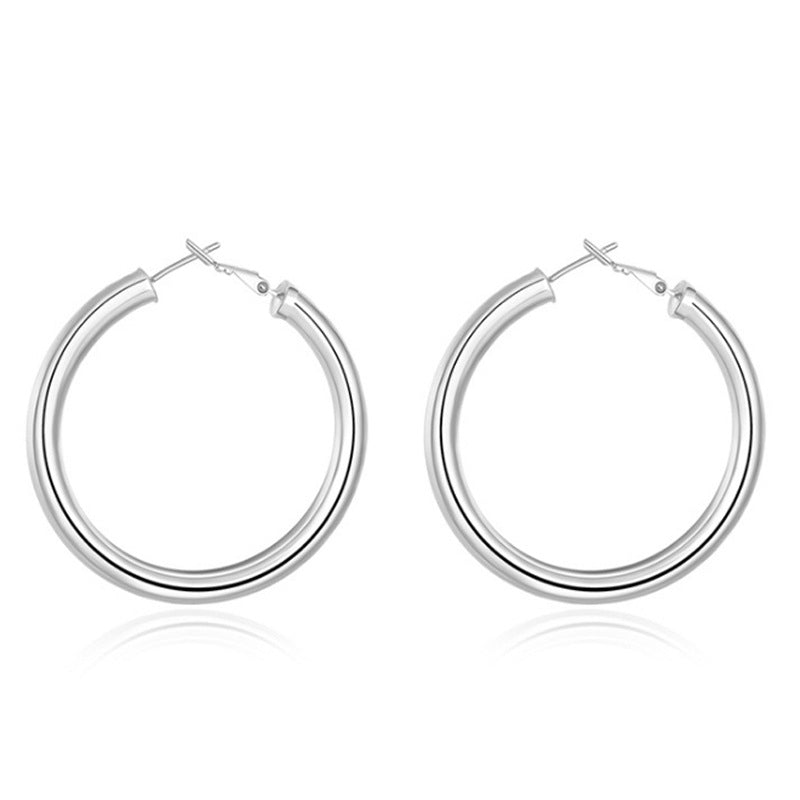 Silver-tone hollow hoop earrings, round hoops with cross-style hinge clasp