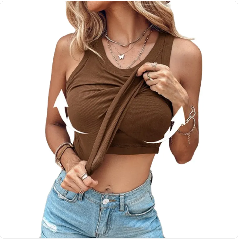 Trendbend ärmellose Rundhals-Tanktop Weste mit integrierter BH-Funktion, dunkelbraun