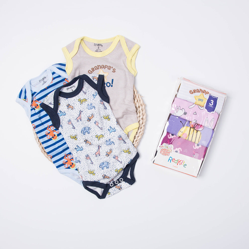 Cream, blue, and white sleeveless cotton bodysuits with cartoon prints