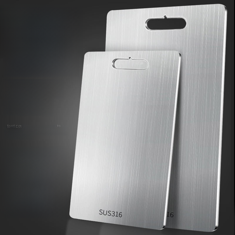 Two stainless steel cutting boards with brushed finish and hanging cutout handles