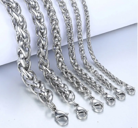Set of silver stainless steel chain bracelets with lobster clasps, oval link style