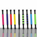 Muscle massage stick set with black handles and multicolored roller nodes (pink, blue, green).