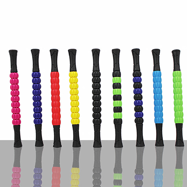 Muscle massage stick set with black handles and multicolored roller nodes (pink, blue, green).