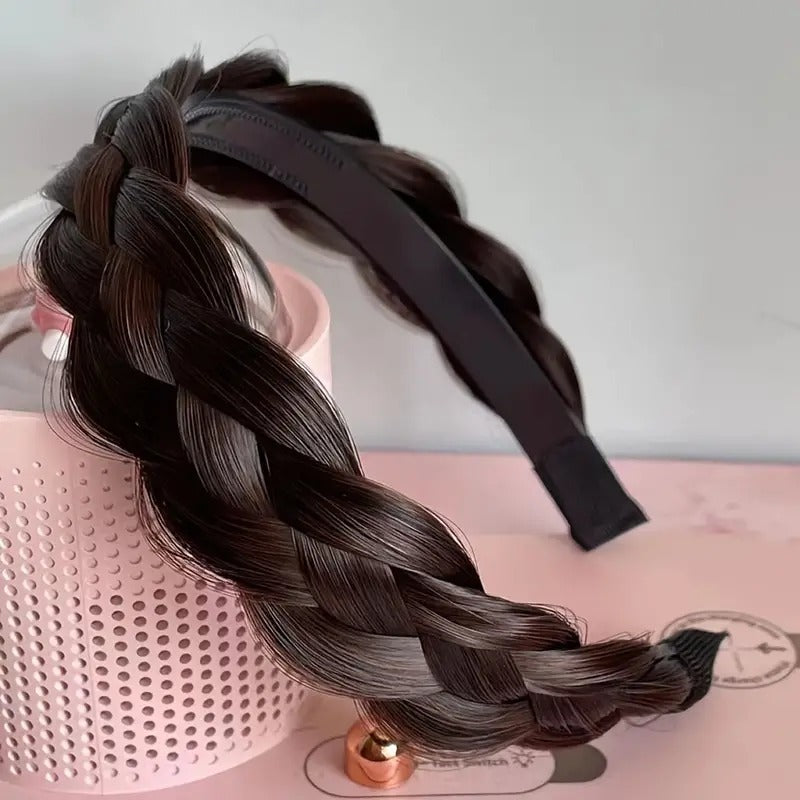 Four-strand twist braid headband in black-brown shade