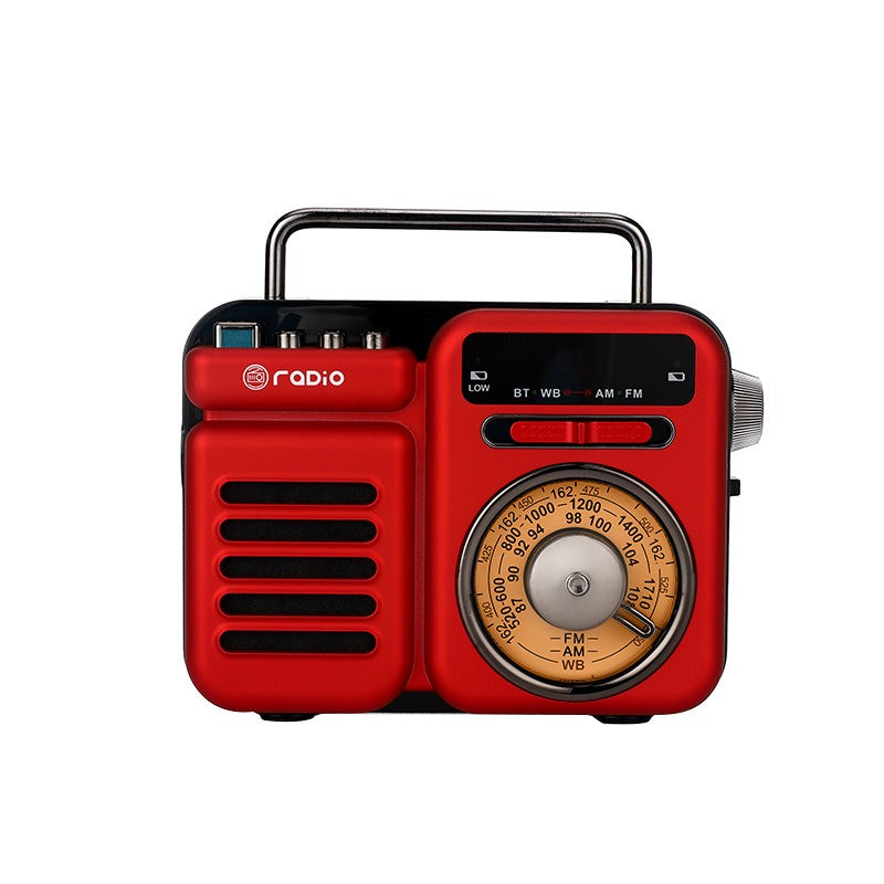 Roter Retro-Solar Bluetooth-Lautsprecher mit Reglerknopf, Skala und Tragebügel