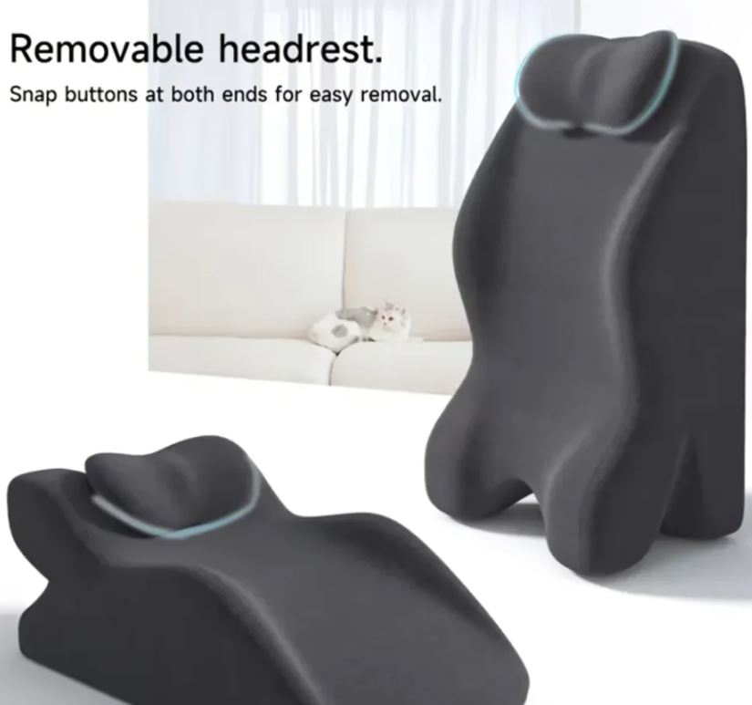Stomach Sleeper Pillow in dark gray, shown with removable headrest snap-in ends