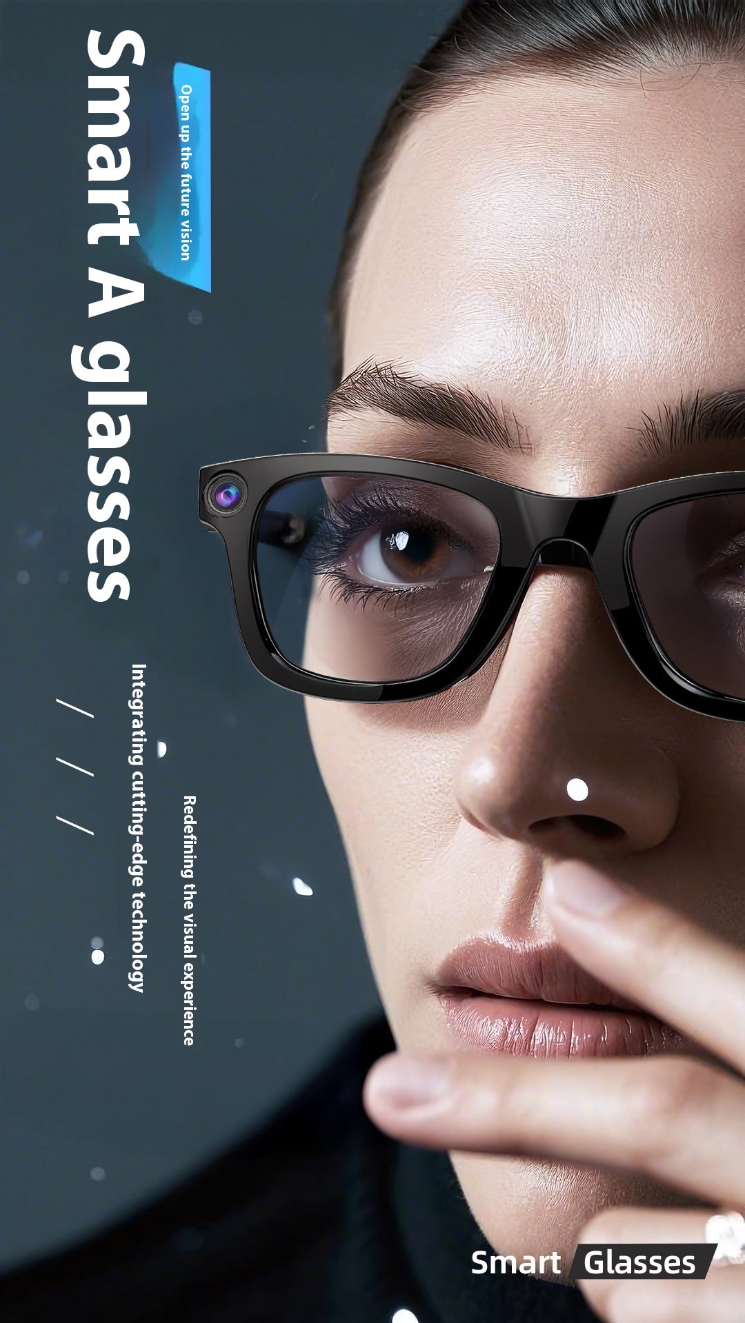 Black AI smart glasses worn by a model, clear lenses with camera lens at top.