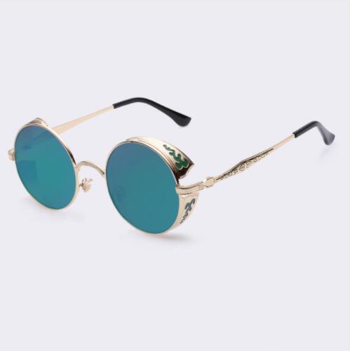 Women’s round sunglasses with teal lenses, light gold frames and black temples