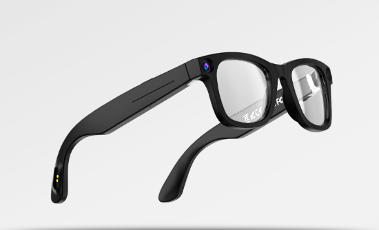 AI camera smart glasses with black frame and clear lens, side view