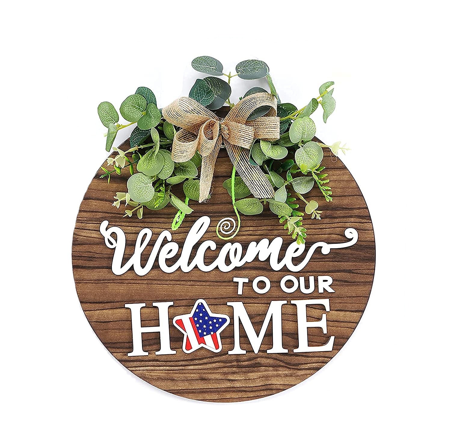 Rundes Holz-Willkommensschild „Welcome to our HOME“ mit Eukalyptuskranz oben