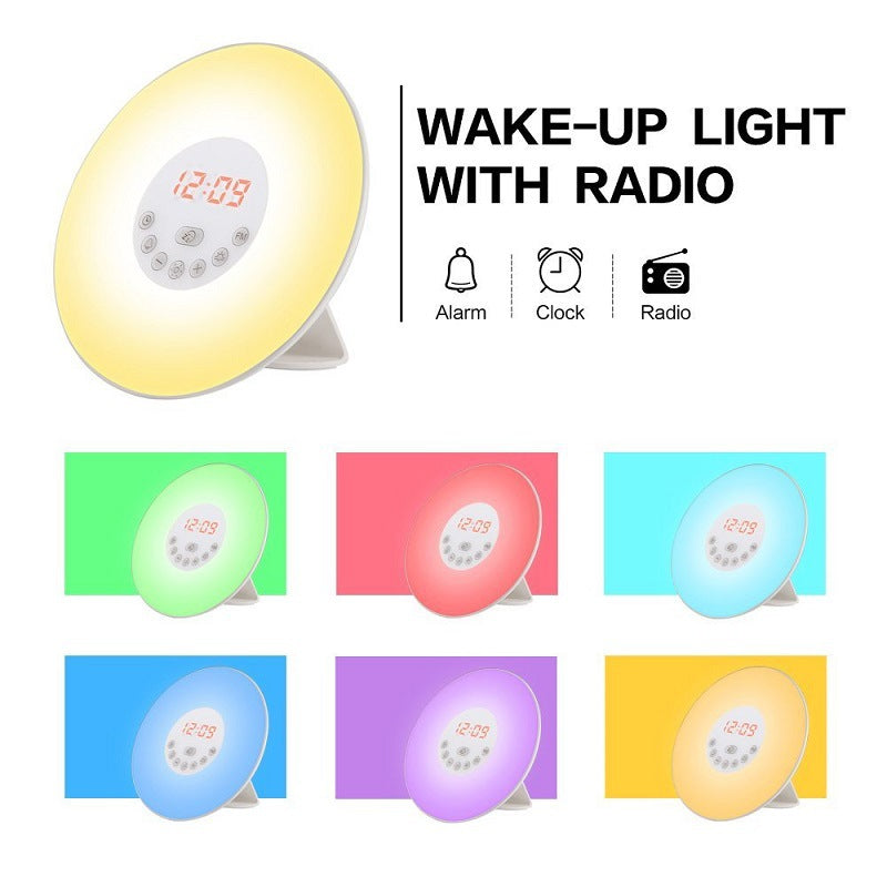 Wake-up light alarm clock radio with radio icon, multiple color glow options shown